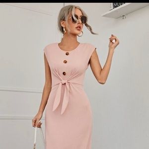 Coral pink. Solid Button Detail Tie Front Dress